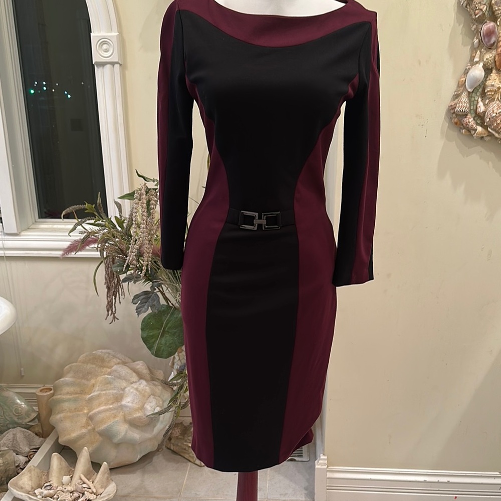 Cache Red and Black Sheath Dress with Bateau Neckline